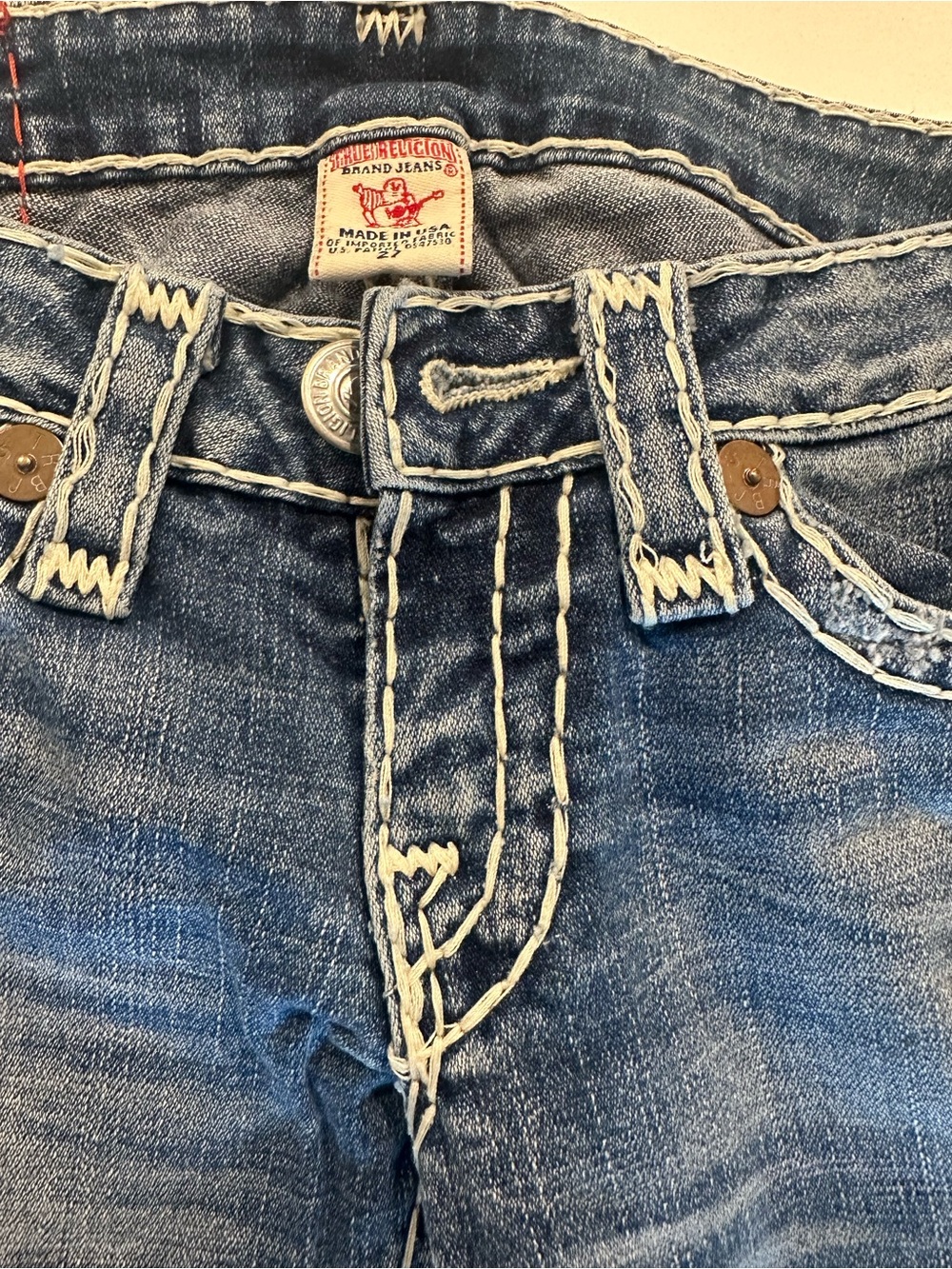 True Religion Blue Denim Jeans with White Contrast Stitching